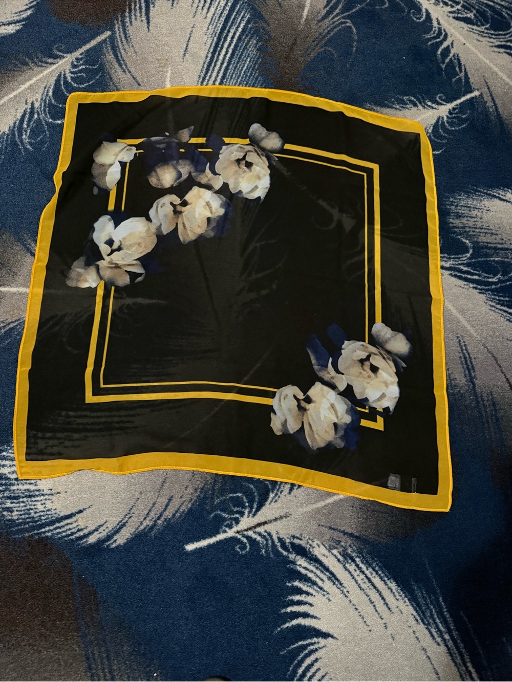 a new day Black Floral Scarf with Yellow Border